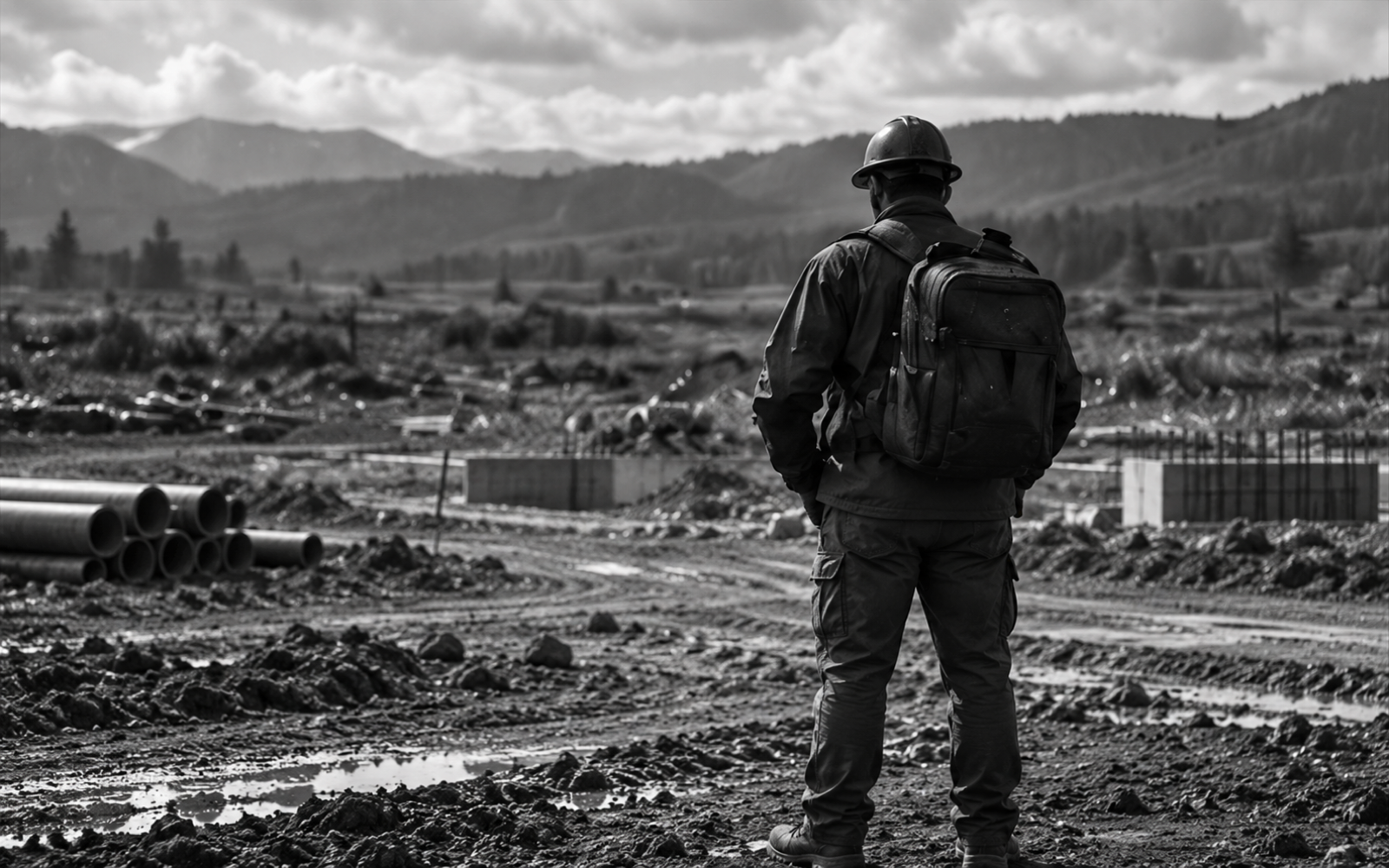 A worker in a hardhat looks across a field toward distant hills.