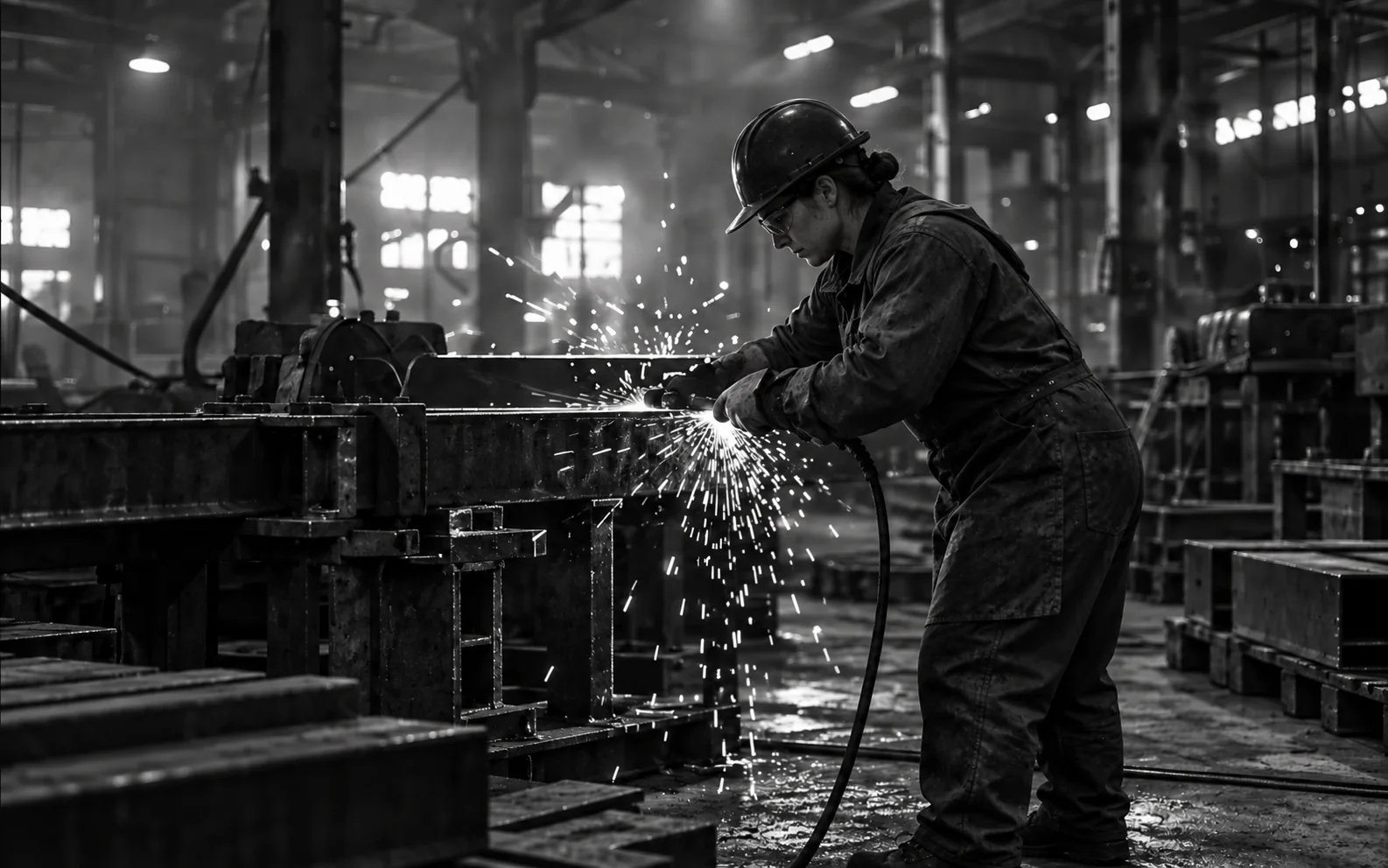 A woman in protective workwear shapes steel on a factory floor.