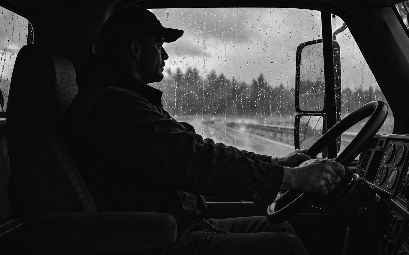 A driver in a work truck beside a rain-covered window.